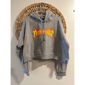 Thrasher Magazine Flame Logo Cropped Hoodie Gray Heather Skate Sweatshirt Medium